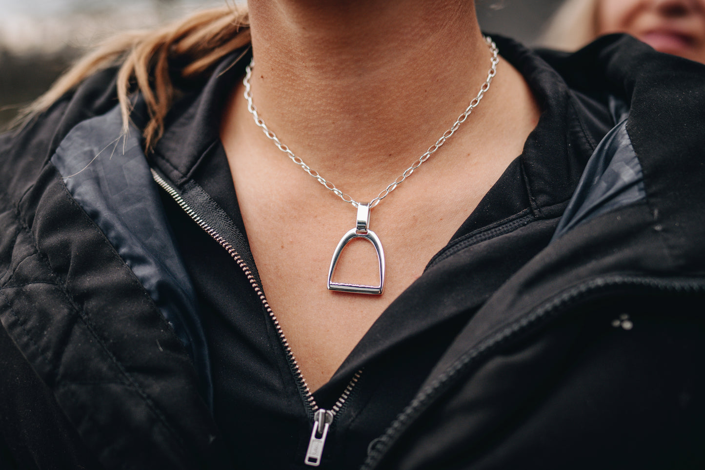 Large sterling silver stirrup pendant on a lightweight sterling silver oval belcher chain