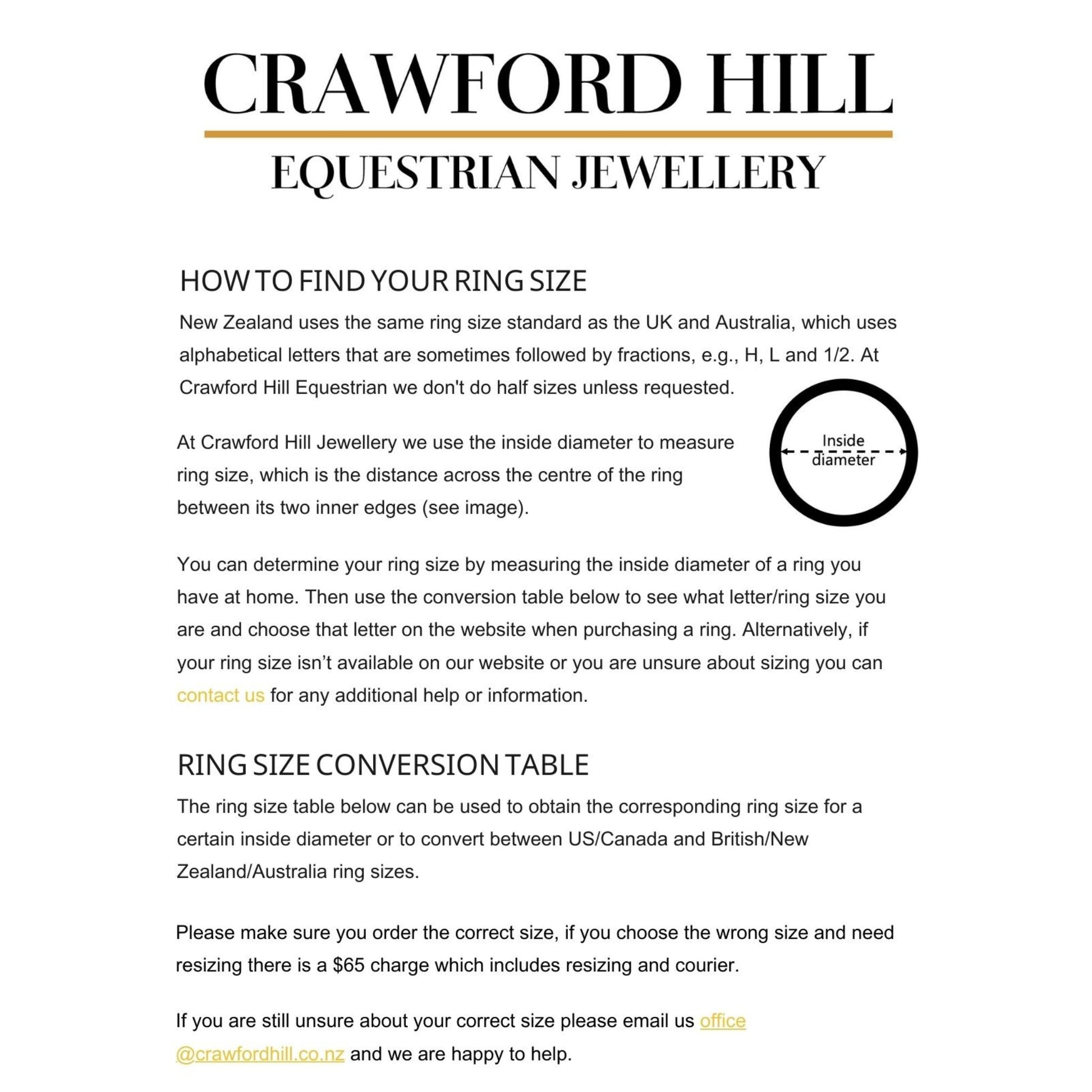 Photo of Crawford Hill Equestrian Jewellery ring sizing chart for horse bit snaffle rings.