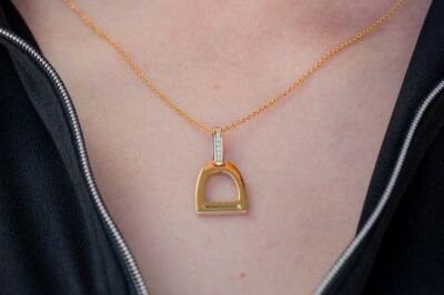 Diamond Set Gold Stirrup Pendant - Small